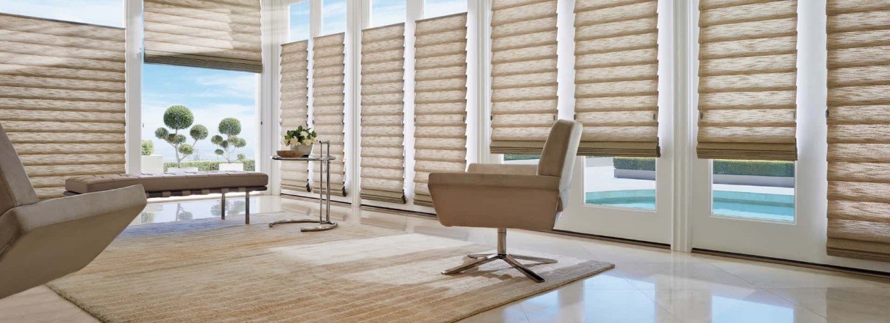 Hunter Douglas Vignette® Modern Roman Shades paired with flooring from PSI Near Scottsdale, Arizona (AZ).