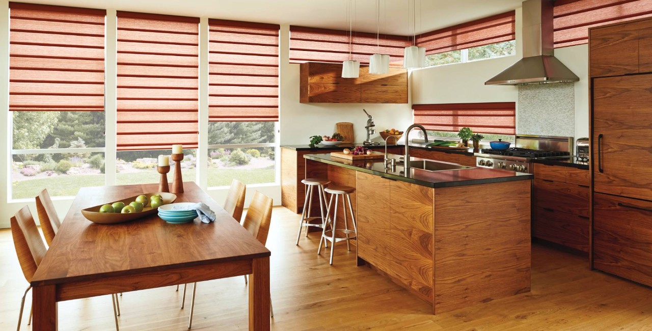 Hunter Douglas Vignette® Roman Shades in a dining room near Scottsdale, AZ